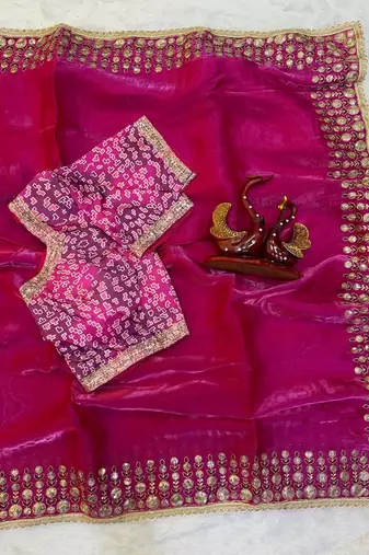 New Soft jimmy Satin Sequence embroidery Work Saree With Blouse Set For Women's