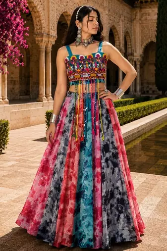 Free Size Multicolor Shibori Prints Lehenga With Fancy Top
