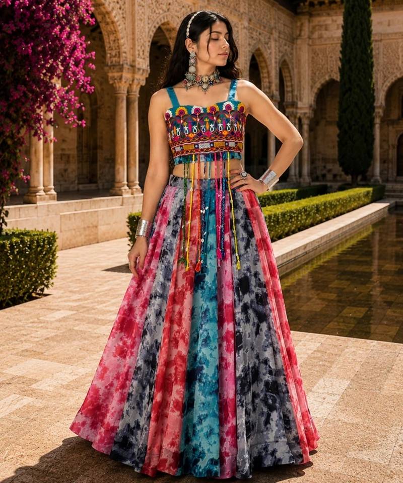 Free Size Multicolor Shibori Prints Lehenga With Fancy Top