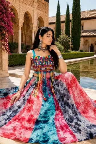 Free Size Multicolor Shibori Prints Lehenga With Fancy Top