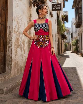 Gajri & Neavy-Blue Fancy Kali Work With Gota Patti Navratri Lehenga Sets 1