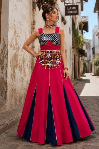 Gajri & Neavy-Blue Fancy Kali Work With Gota Patti Navratri Lehenga Sets