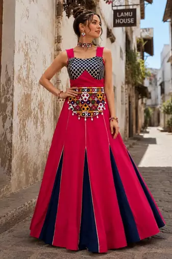 Gajri & Neavy-Blue Fancy Kali Work With Gota Patti Navratri Lehenga Sets