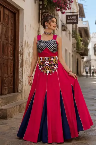 Gajri & Neavy-Blue Fancy Kali Work With Gota Patti Navratri Lehenga Sets