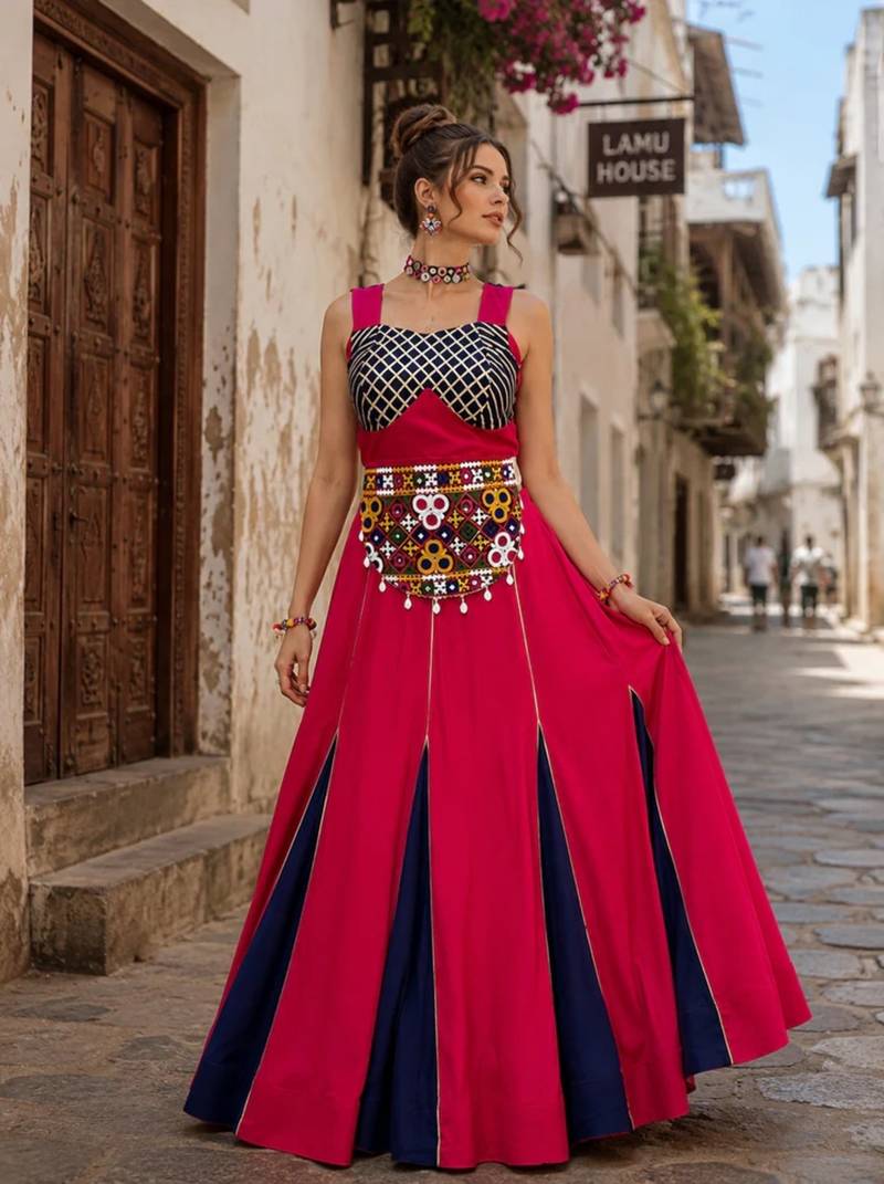 Gajri & Neavy-Blue Fancy Kali Work With Gota Patti Navratri Lehenga Sets