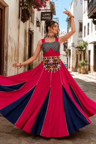 Gajri & Neavy-Blue Fancy Kali Work With Gota Patti Navratri Lehenga Sets