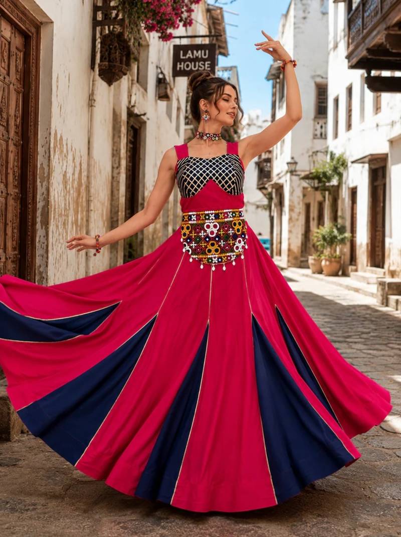 Gajri & Neavy-Blue Fancy Kali Work With Gota Patti Navratri Lehenga Sets