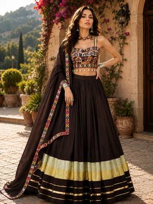 Deep Brown Flared Navratri Lehenga Choli with Metallic Zari Borders - free size 1