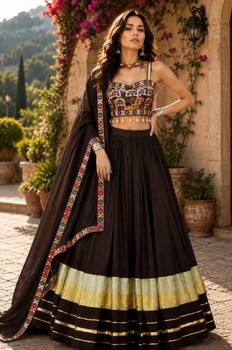 Deep Brown Flared Navratri Lehenga Choli with Metallic Zari Borders & Shell Tassels