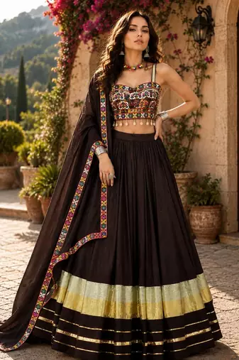 Deep Brown Flared Navratri Lehenga Choli with Metallic Zari Borders & Shell Tassels