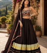 Deep Brown Flared Navratri Lehenga Choli with Metallic Zari Borders - free size
