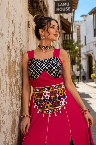 Gajri & Neavy-Blue Fancy Kali Work With Gota Patti Navratri Lehenga Sets