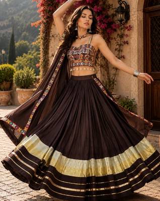 Deep Brown Flared Navratri Lehenga Choli with Metallic Zari Borders - free size 2