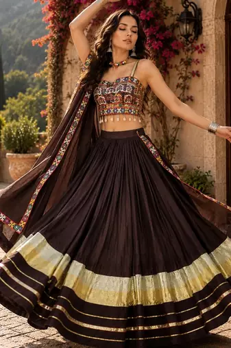 Deep Brown Flared Navratri Lehenga Choli with Metallic Zari Borders & Shell Tassels