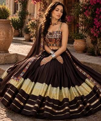 Deep Brown Flared Navratri Lehenga Choli with Metallic Zari Borders - free size 3
