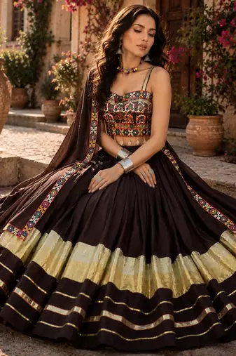 Deep Brown Flared Navratri Lehenga Choli with Metallic Zari Borders & Shell Tassels