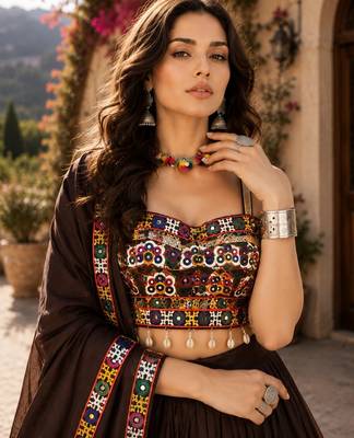 Deep Brown Flared Navratri Lehenga Choli with Metallic Zari Borders - free size 4