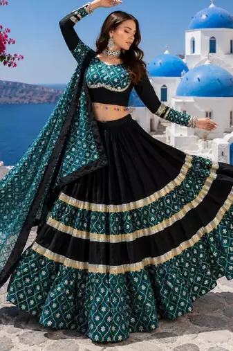 Pure Rayon Cotton Lehenga Blouse With Sequence Work Dupatta