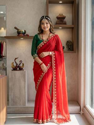 New Soft Georgette Sequins Embroidery Work Red Color Saree With Blouse Set For Women's 1