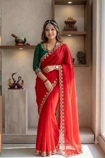New Soft Georgette Sequins Embroidery Work Red Color Saree With Blouse Set For Women's