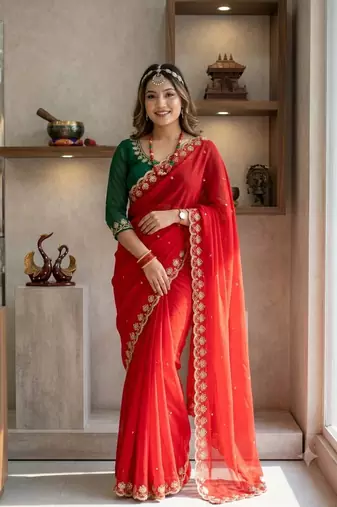 New Soft Georgette Sequins Embroidery Work Red Color Saree With Blouse Set For Women's