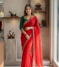 New Soft Georgette Sequins Embroidery Work Red Color Saree With Blouse Set For Women's