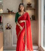 New Soft Georgette Sequins Embroidery Work Red Color Saree With Blouse Set For Women's