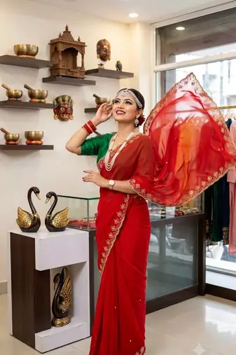 New Soft Georgette Sequins Embroidery Work Red Color Saree With Blouse Set For Women's
