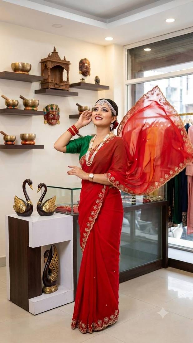 New Soft Georgette Sequins Embroidery Work Red Color Saree With Blouse Set For Women's