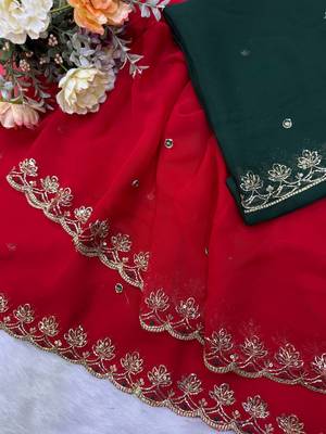New Soft Georgette Sequins Embroidery Work Red Color Saree With Blouse Set For Women's 3