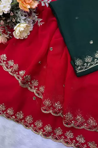 New Soft Georgette Sequins Embroidery Work Red Color Saree With Blouse Set For Women's