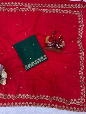 New Soft Georgette Sequins Embroidery Work Red Color Saree With Blouse Set For Women's 4
