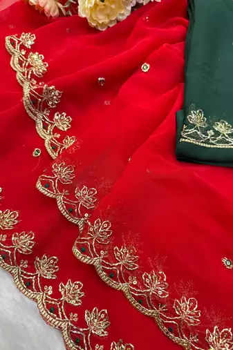 New Soft Georgette Sequins Embroidery Work Red Color Saree With Blouse Set For Women's