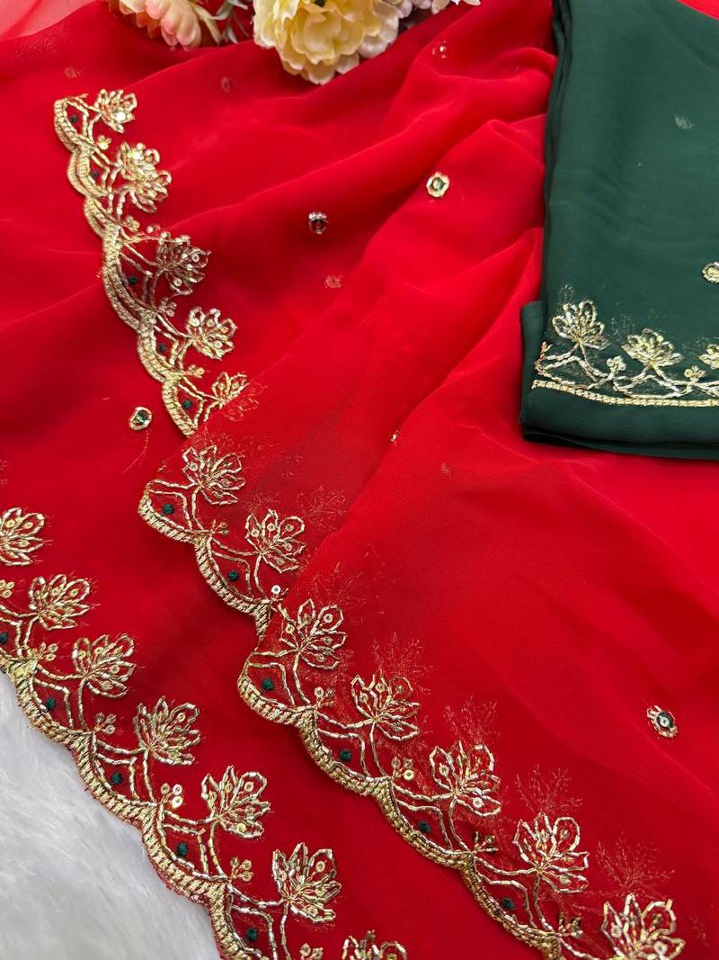 New Soft Georgette Sequins Embroidery Work Red Color Saree With Blouse Set For Women's