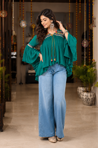 Teal green garba glam mirror work cape top