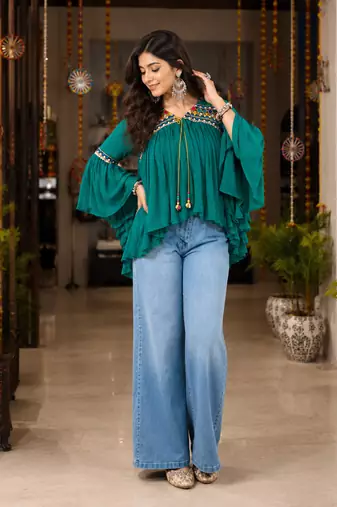 Teal green garba glam mirror work cape top