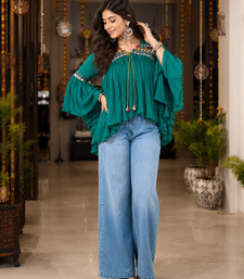 Teal green garba glam mirror work cape top