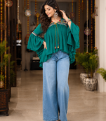 Teal green garba glam mirror work cape top