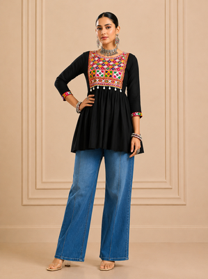 Black gamthi mirror work rayon kediya top 1