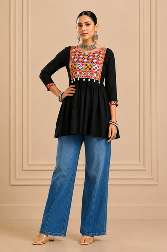 Black gamthi mirror work rayon kediya top