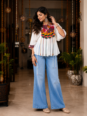White garba glam mirror work cape top 1