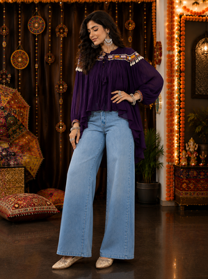 Purple garba glam mirror work cape top 1