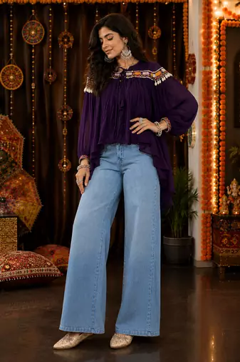 Purple garba glam mirror work cape top