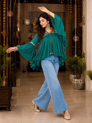 Teal green garba glam mirror work cape top 2