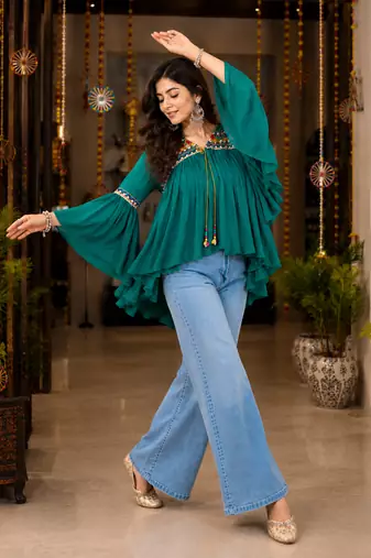 Teal green garba glam mirror work cape top