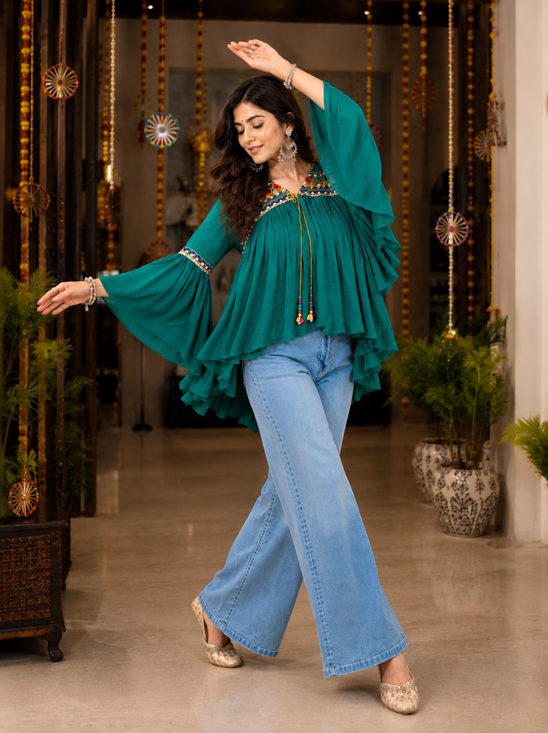 Teal green garba glam mirror work cape top