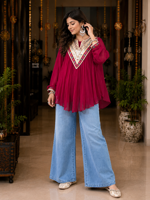 Rani pink garba glam mirror work cape top 1
