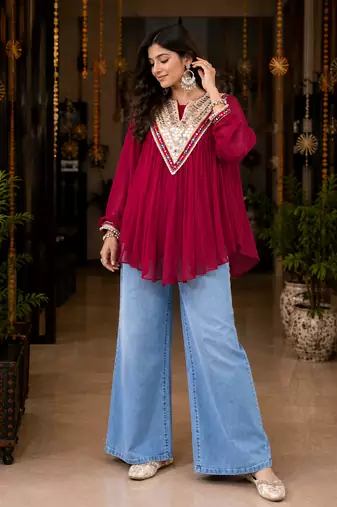 Rani pink garba glam mirror work cape top