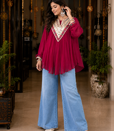 Rani pink garba glam mirror work cape top