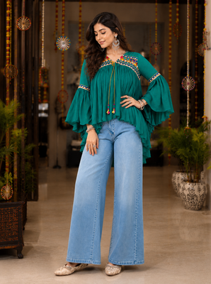 Teal green garba glam mirror work cape top 3